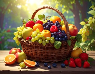 Colorful fruit basket in a garden setting