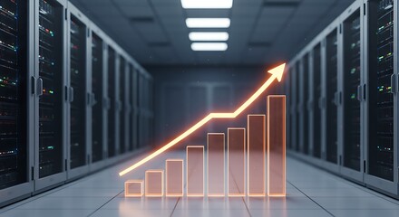 A 3D bar chart with an upward trend line superimposed on a server room with rows of data storage racks.