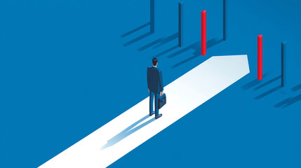 Businessman walking on a white path confronting red barriers, symbolizing challenges and obstacles in a professional or career journey