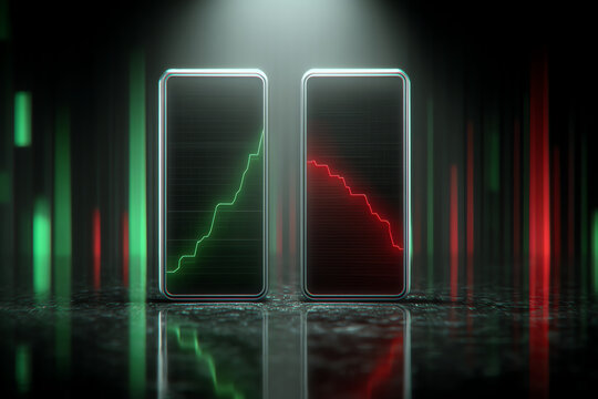 Two smartphones display contrasting battery charge levels, one increasing with a green graph and the other decreasing with a red graph, set against a dark, futuristic background