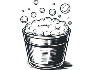Bucket overflowing with suds and bubbles. Vector hand drawn illustration