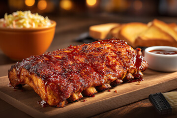 A juicy rack of barbecued ribs glazed with sauce on a wooden board, served with coleslaw, toasted bread, and a small bowl of barbecue sauce in a warm, inviting setting