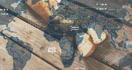 When translucent hemisphere map fading over baguette pieces, plank displaying pulsing data nodes - Powered by Adobe