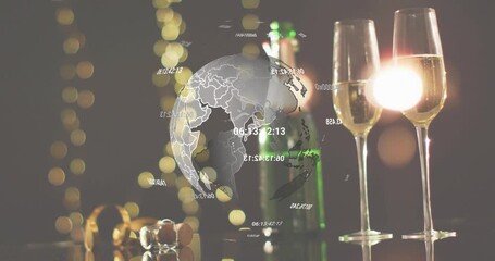 Emerging globe rotating over tabletop glassware, data drifting around globe visualizing timestamps - Powered by Adobe