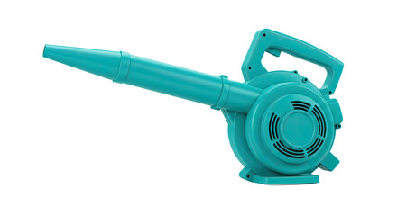 Turquoise electric leaf blower power tool isolated on white background.