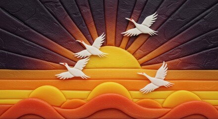 Birds flying over sunrise scene