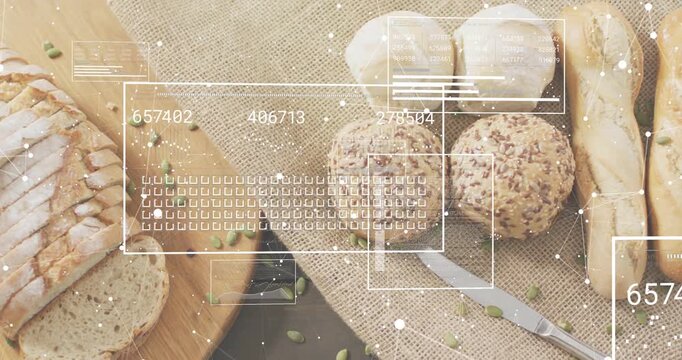 Overlays fading in over flat bread updating numeric codes while panning left revealing sliced loaf