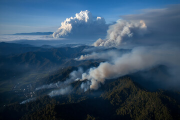 Fototapeta premium Aerial view of a forest fire with thick smoke rising over mountainous terrain under a clear blue sky