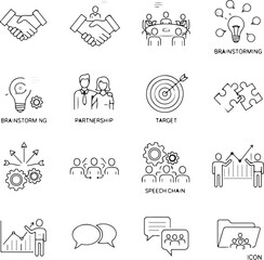 Business icons handshake meeting brainstorming partnership target gears speech on white Keywords