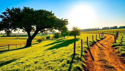 Fototapeta premium Rural landscape with a dirt path and lone tree at sunset