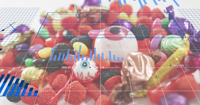 Grid plane emerging over candy pile, with charts shifting and updating, visualizing data trends