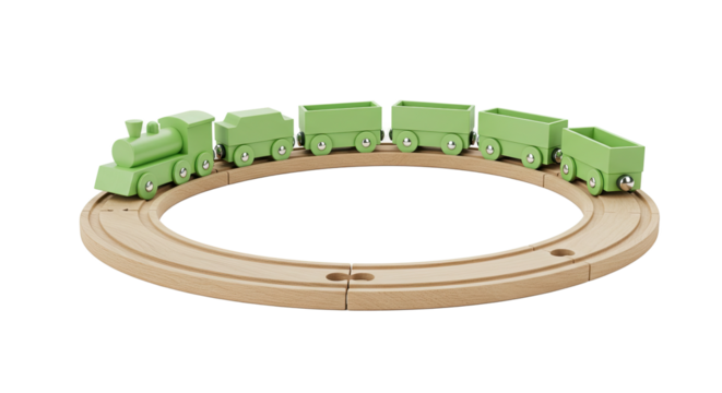 Wooden train set on circular track light green train cars toy train.