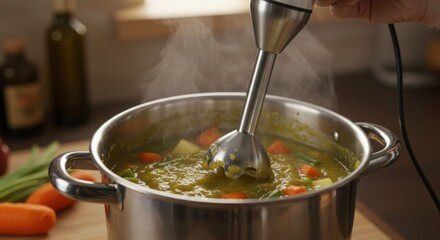 Blending soup with handheld immersion blender