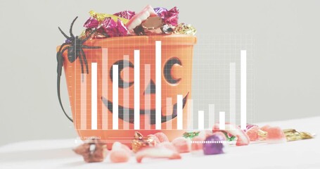 Grid fading in over pumpkin bucket, bars rising and falling to visualize candy sales trend - Powered by Adobe