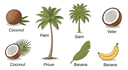 Illustration showing various tropical plants and fruits including coconuts, palm trees, and bananas, each labeled with its name.