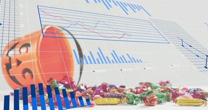 Spilled pumpkin bucket scattering candies with data charts animating and visualizing candy trends
