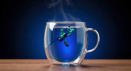 Blue beverage in glass mug with steam