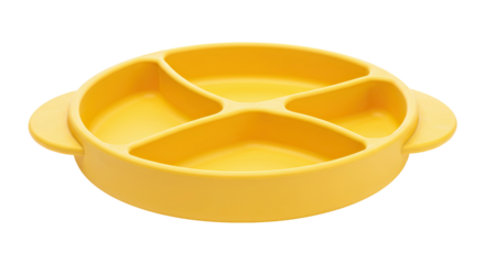 Yellow silicone divided baby plate with four sections and handles.