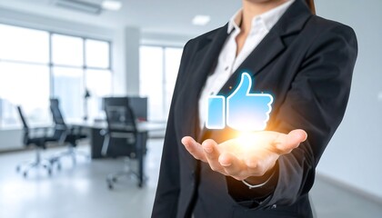 Holographic thumbs up icon shining in the hand of a businesswoman at work