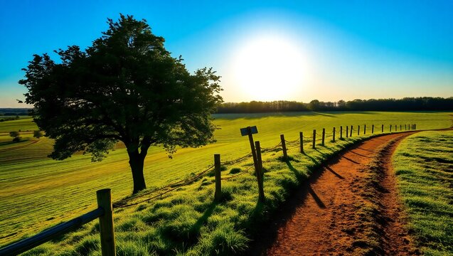Rural dirt path curves through a sunlit green field with a lone tree and fence