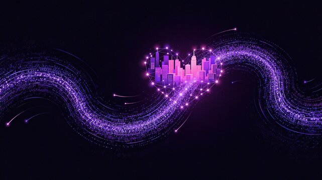 Neon Heart - Shaped City Connected by Digital Lines on Dark Background