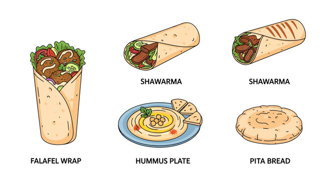 Illustrative Vector Collection of Authentic Middle Eastern and Mediterranean Cuisine, featuring popular street food and appetizers