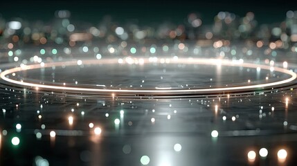 Abstract Glowing Futuristic Interface with Cinematic Sci Fi Theme and Blurred Cityscape Background and Metallic Floor