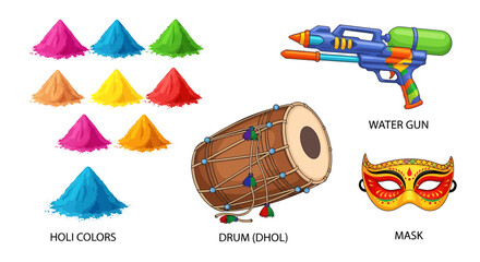 Holi festival elements including vibrant colors, a traditional dhol drum, a water gun, and a decorative mask