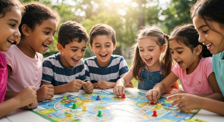 Children enjoying a fun board game session outdoors playful atmosphere group activity joyful interaction