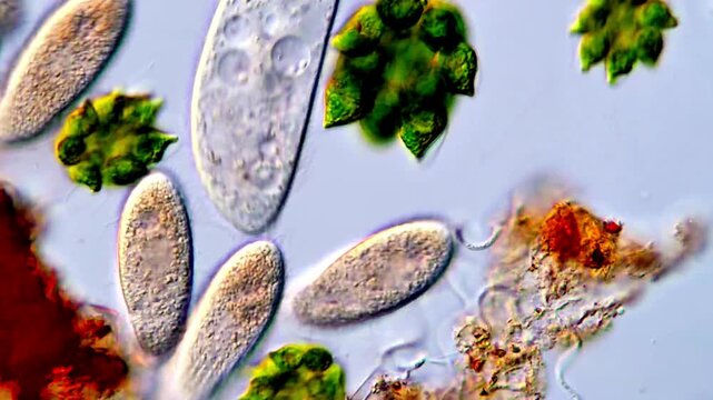 Protozoa and algae, pond water sample under microscope 