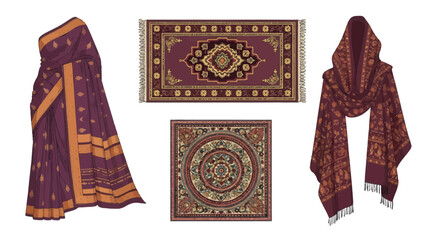 Vector set of traditional Indian textiles elegant sari, ornate cultural rugs, and a decorative shawl. Illustrations reflecting rich heritage and intricate artistry of India