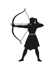 Fototapeta premium Silhouette of a woman archer, poised in a shooting stance