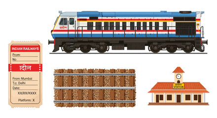 Indian Railways Collection Train, Ticket, Station, and Railway Tracks Vector Graphics