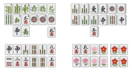 Vector illustration set of traditional Mahjong game tiles, showcasing various detailed bamboo, character, circle, and flower pieces for gaming and cultural design projects