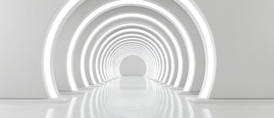 Obraz premium Futuristic white tunnel with concentric illuminated arches and a reflective floor, creating a clean, modern, and symmetrical visual effect in a minimalist space