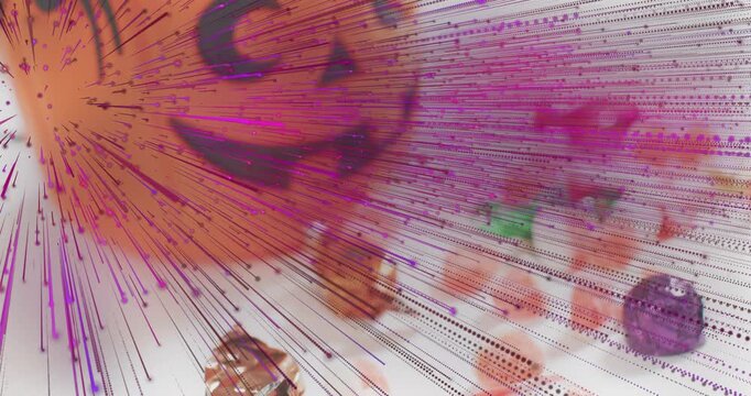 Purple streaks bursting from left, spider crawling carved pumpkin forming layered spooky background