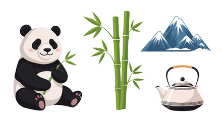 Cute Panda With Bamboo, Mountains And Traditional Tea Pot Set For Asian Culture