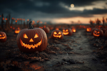 Spooky Halloween Pumpkins glowing in a pumpkin patch