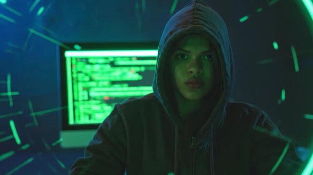 Enigmatic hooded figure navigates complex digital realms, intensely focused on intricate code