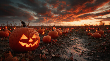 Spooky Halloween Pumpkins glowing in a pumpkin patch