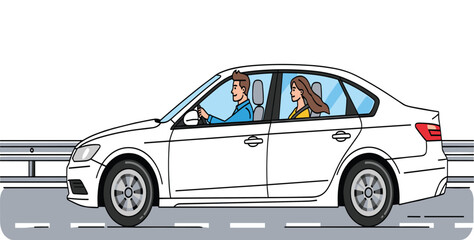 Couple driving modern white car on highway road, man at steering wheel, woman passenger, travel journey, transportation, lifestyle illustration
