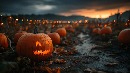 Spooky Halloween Pumpkins glowing in a pumpkin patch