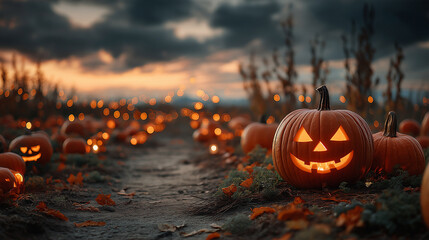 Spooky Halloween Pumpkins glowing in a pumpkin patch