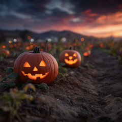 Spooky Halloween Pumpkins glowing in a pumpkin patch
