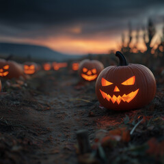 Spooky Halloween Pumpkins glowing in a pumpkin patch