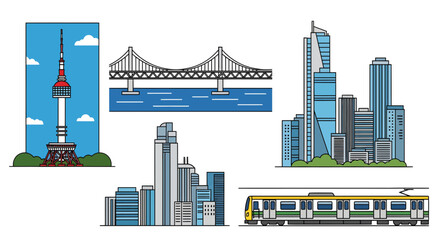 Obraz premium Line art vector set of city architecture and transportation. Features an observation tower, a suspension bridge, skyscrapers, and a subway train, ideal for travel, urban, and design projects
