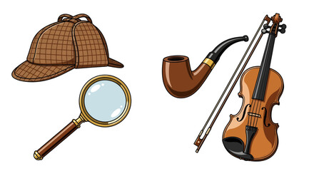 Vector classic detective equipment magnifying glass, pipe, deerstalker hat, violin. Isolated on white for mystery and investigation concepts