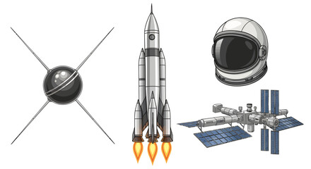 Vector illustration set of key space exploration elements a classic satellite, powerful rocket, astronaut helmet, and orbiting space station, perfect for science and future concepts