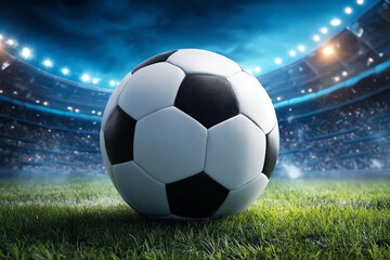 A classic black and white soccer ball rests on grass in a brightly lit stadium filled with spectators under a clear evening sky