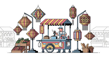 Naklejka premium Vibrant Night Market Scene with Food Cart, Vendor, Fresh Produce, and Decorative Traditional Lanterns - Flat Line Art Vector Illustration